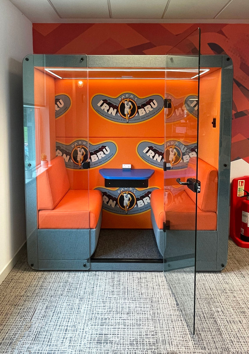 meeting pod with glass door and custom branding print