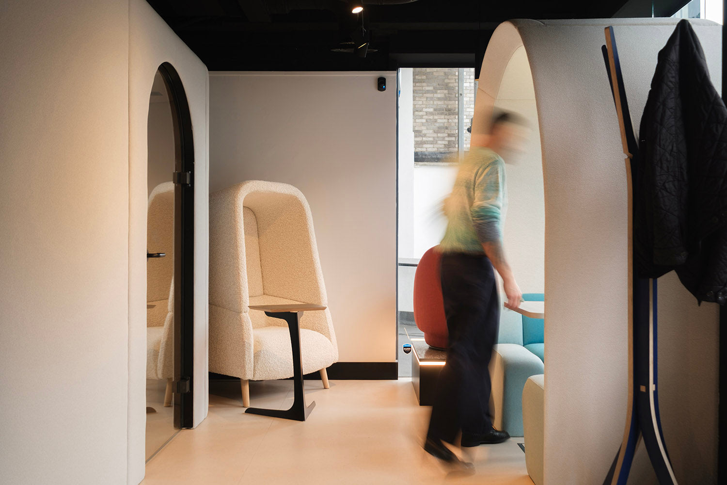 jdd eve wellbeing meeting pod, along with a nora sofa den and archie meeting pod