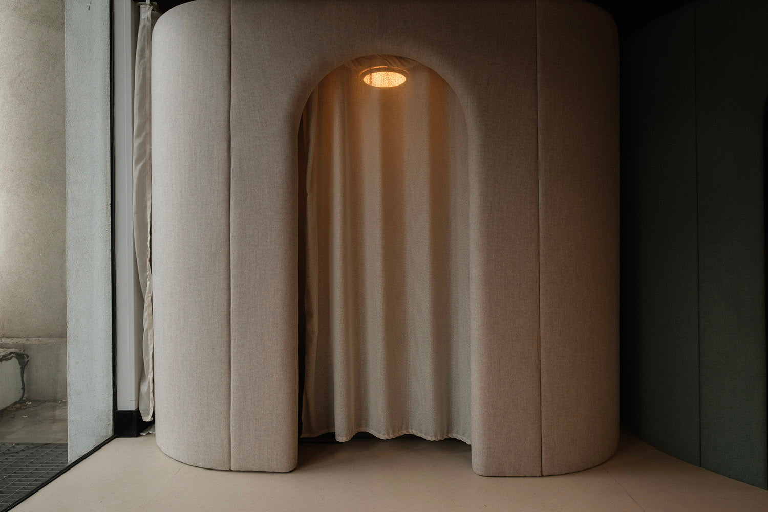 JDD eve wellbeing meeting pod with a curtain and a light inside