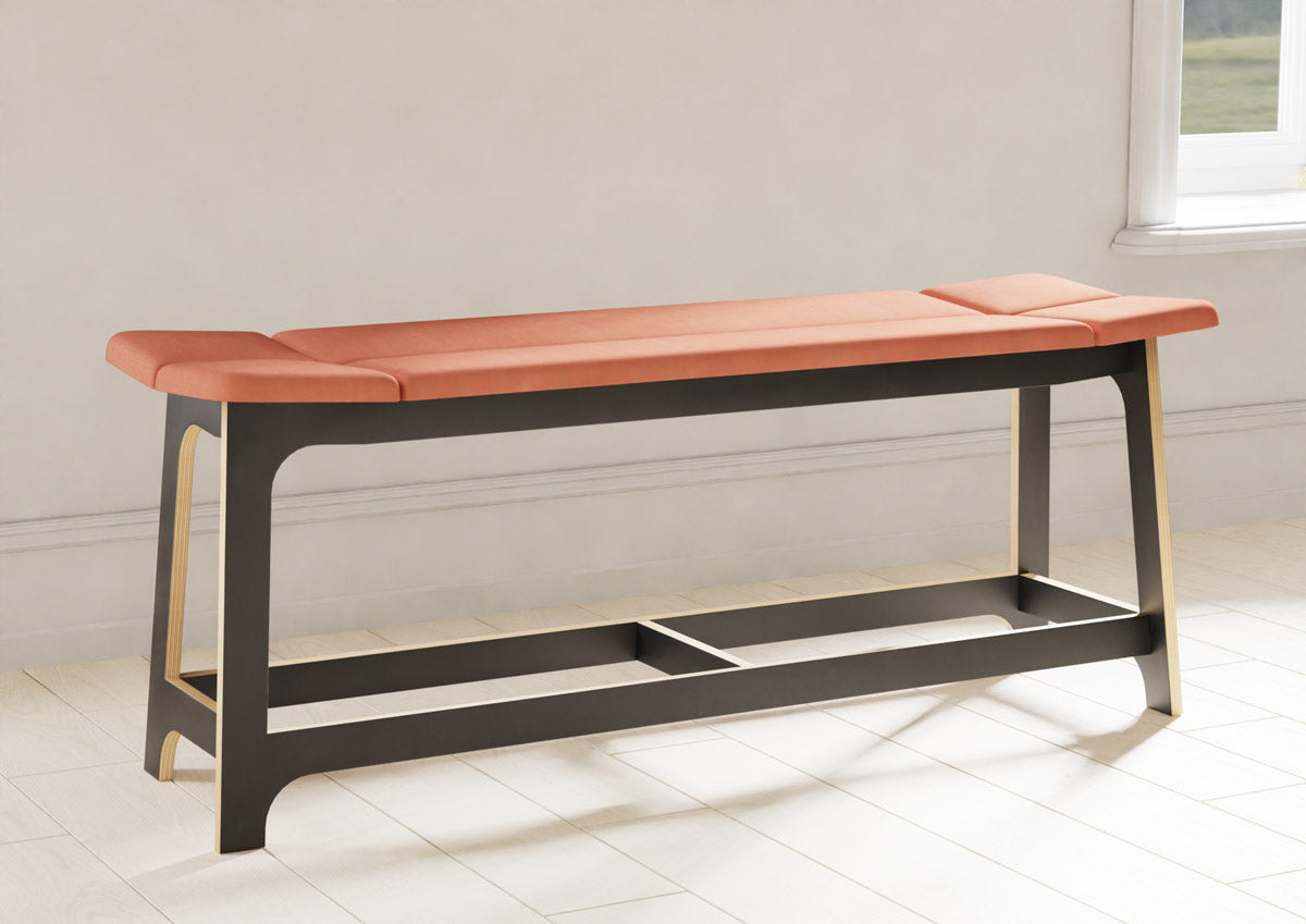 2 person wooden bench with upholstered seat