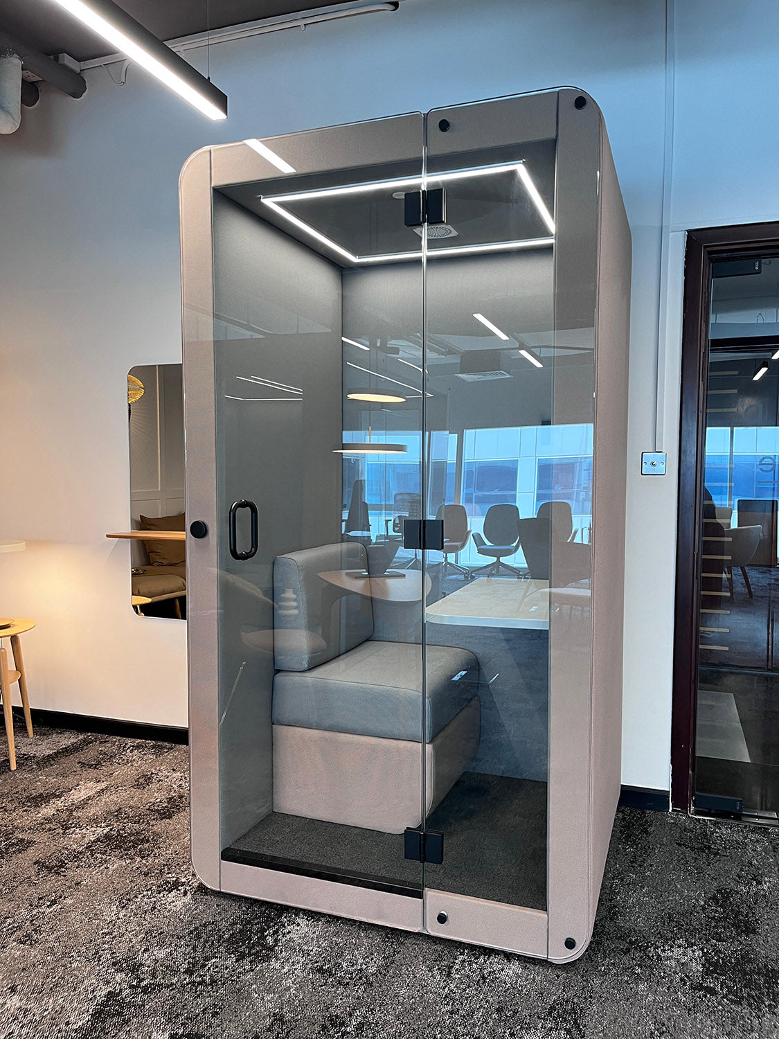 jdd penelope workbooth with glass door in grey and blue