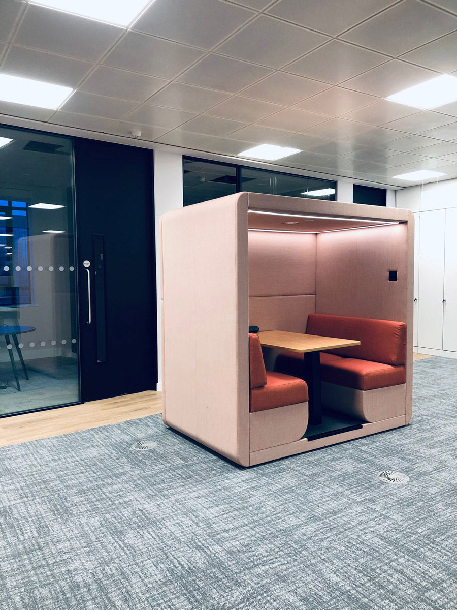 4 person open meeting pod in contrasting coral fabrics