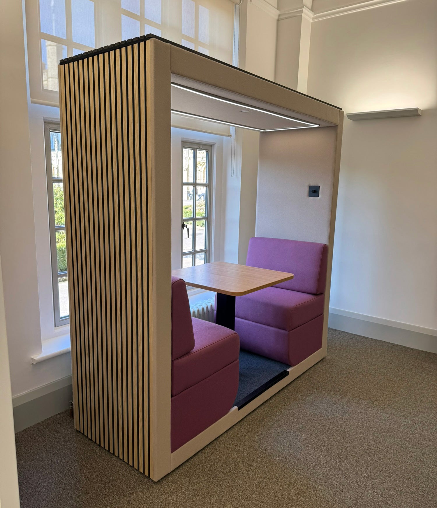 Bob meeting pod with exterior slatted cladding