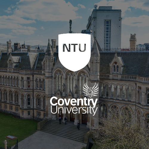 Aerial view of a university building with logos overlayed.