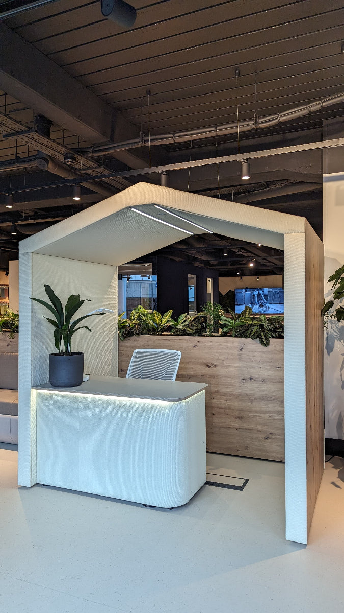 open sided office meeting pod with welcome desk