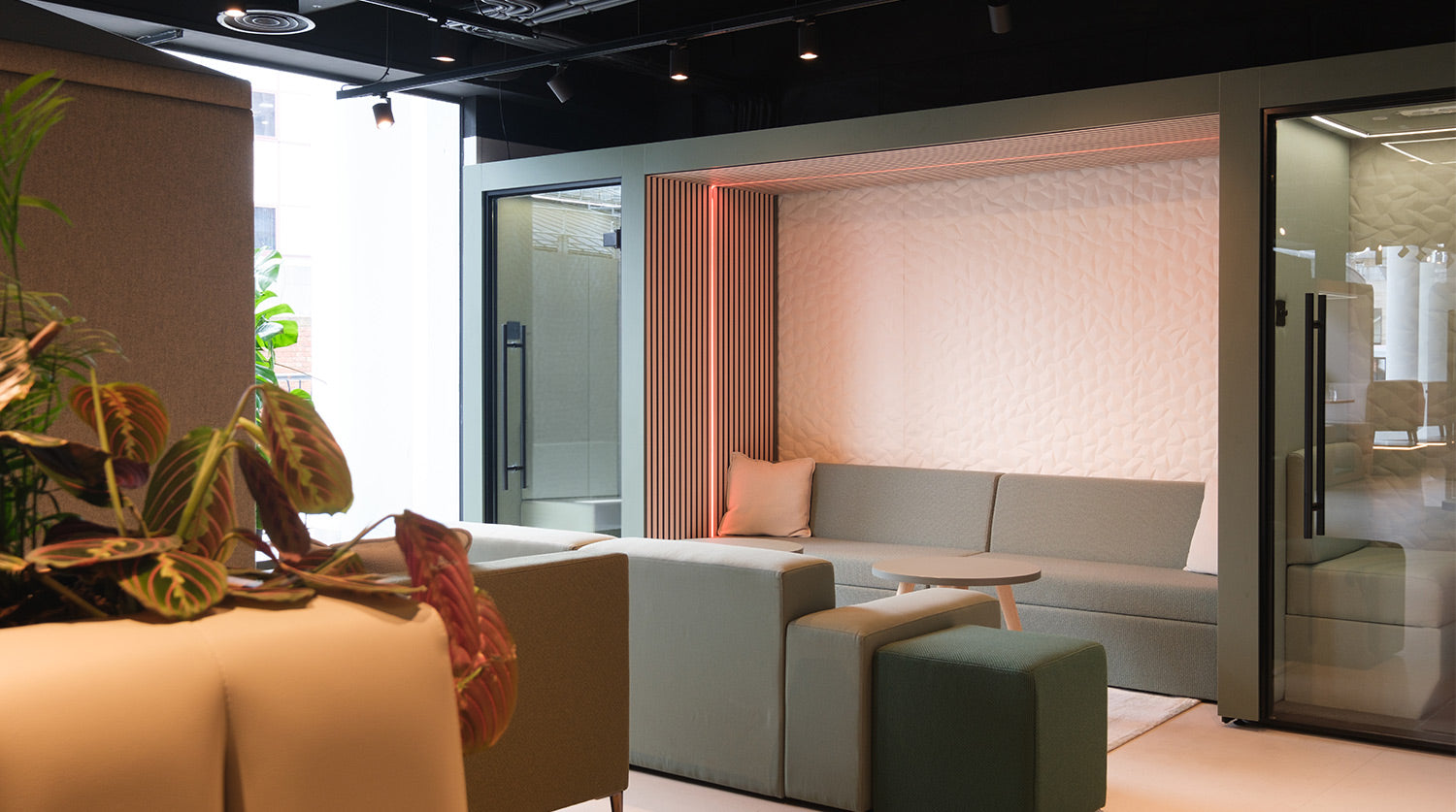 jdd clara meeting pods connected with a clara bridge made from acoustic panels