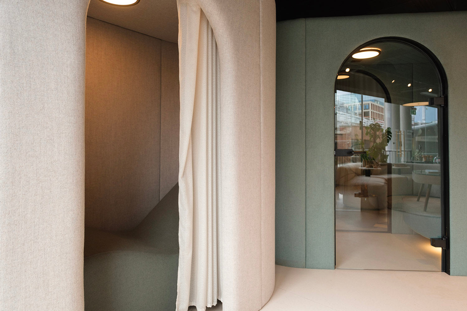 jdd eve wellbeing meeting pod with a curtain and chaise seating