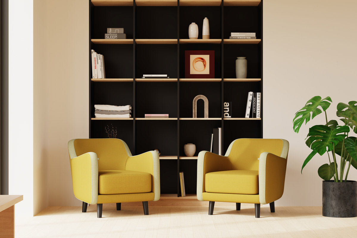 individual office seats with wooden legs and angled arms